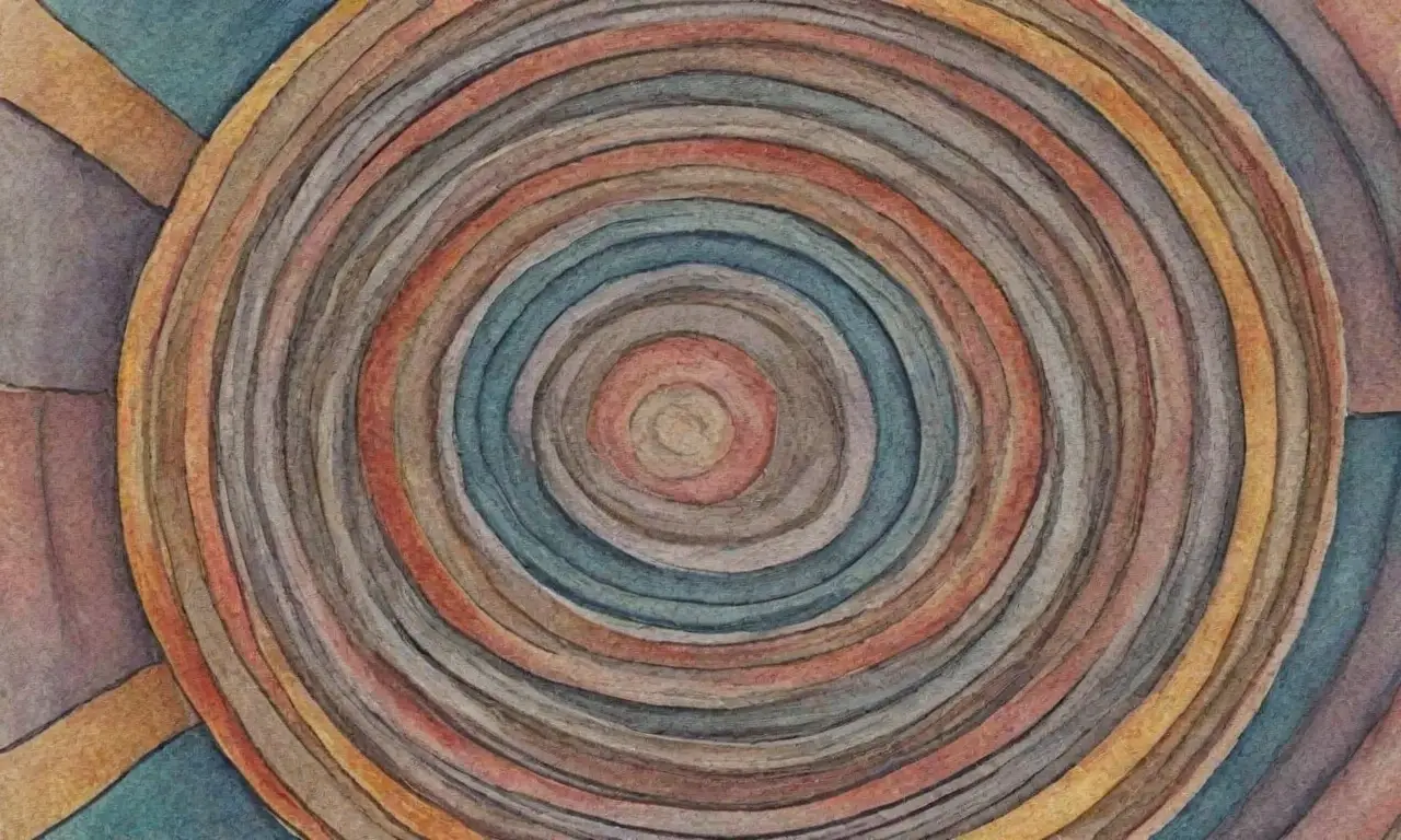 Una obra de arte compleja que combina líneas intrincadas, texturas contrastantes y una paleta de colores armoniosa