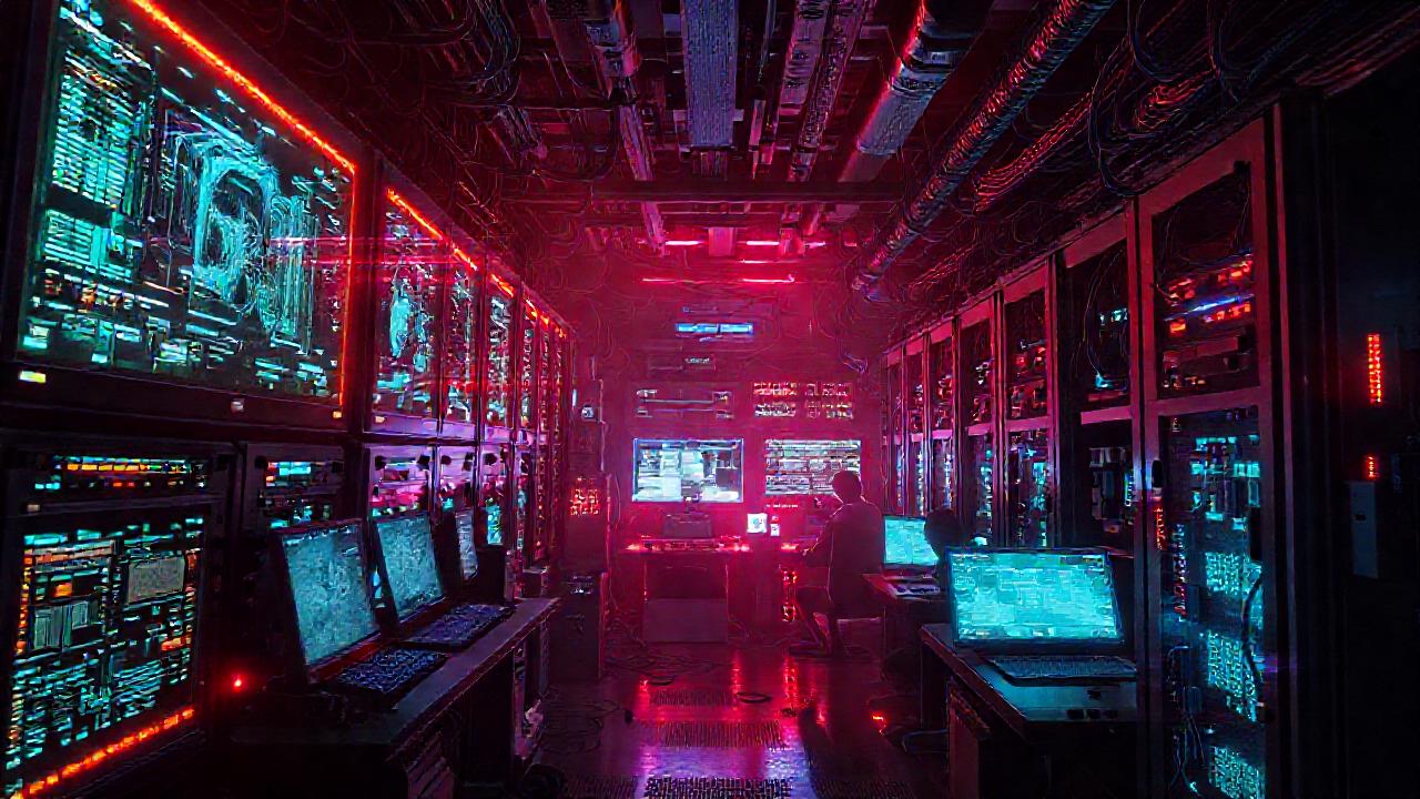 Un salón de servidores cyberpunk vibrante y oscuro