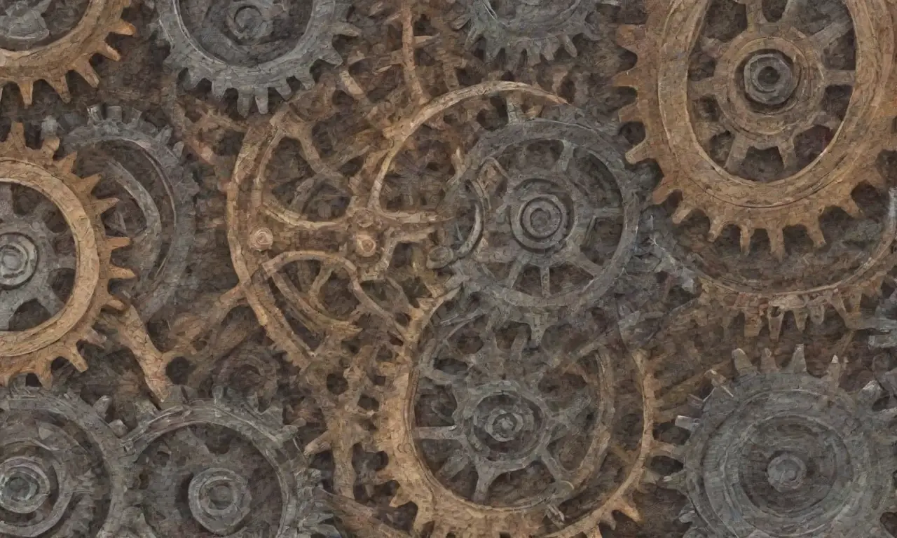 Líneas audaces y sombras suaves crean una composición dinámica de engranajes y circuitos interconectados