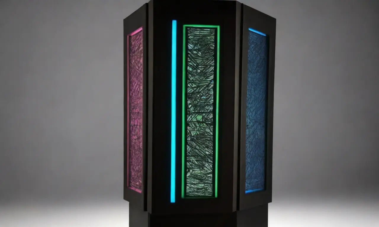 Un diseño tecnológico destaca con líneas audaces, sombras suaves y colores vibrantes que sugieren complejidad y seguridad