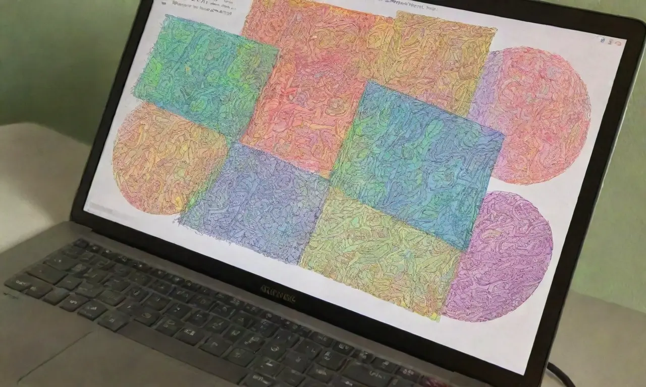 Una laptop con sombras suaves, teclado texturizado, colores vibrantes en la pantalla, y una atmósfera creativa rodeada de elementos armoniosos