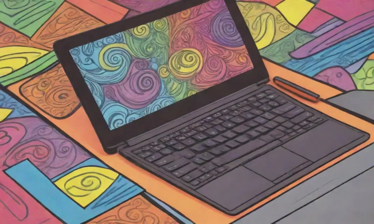 Un diseño vibrante y dinámico de un laptop con sombras suaves y patrones intrincados