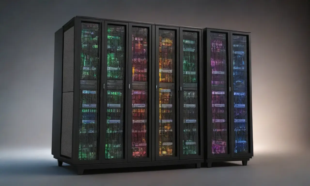 Un rack de servidores destaca con líneas audaces, texturas intrincadas y colores vibrantes que sugieren crecimiento y complejidad