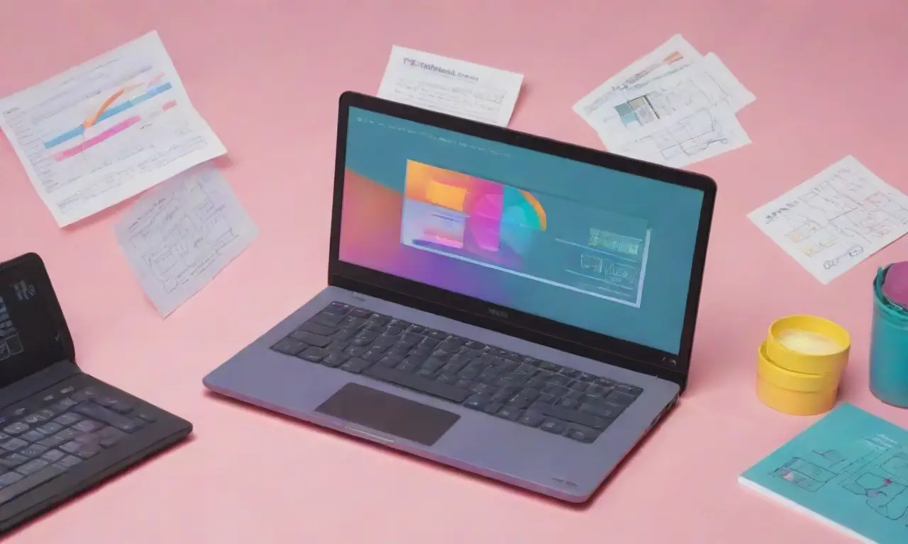 Un diseño vibrante y dinámico de un laptop con gráficos, sombras y texturas que destacan su mensaje central