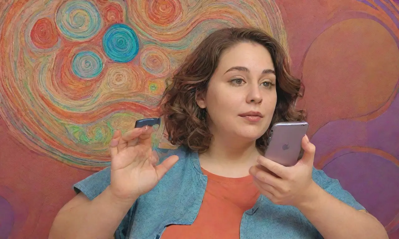 Una figura central con un smartphone resplandeciente rodeada de productos vibrantes y una composición dinámica