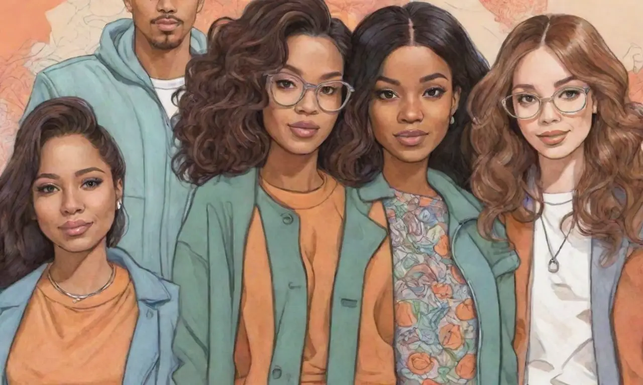 Líneas audaces y colores vibrantes destacan a diversos influencers en una composición dinámica y realista