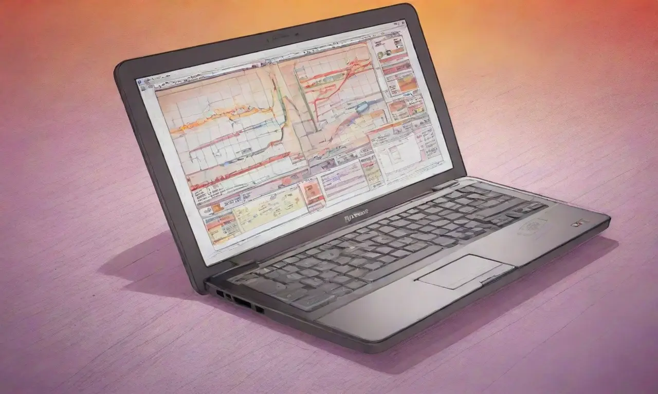 Un diseño vibrante y dinámico de un laptop con gráficos y texturas que cuentan una historia