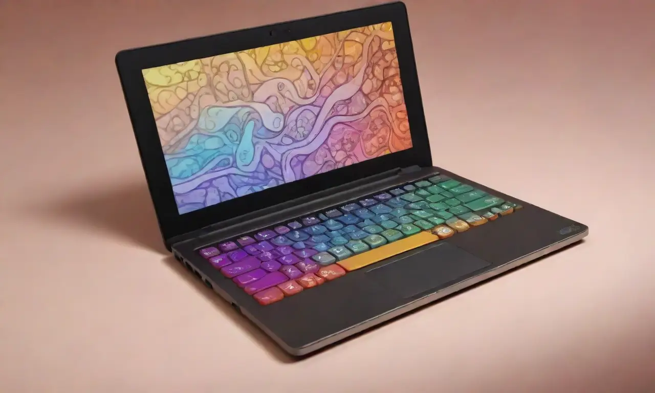 Un elegante laptop rodeado de iconos vibrantes y sombras sutiles crea una composición dinámica y armoniosa