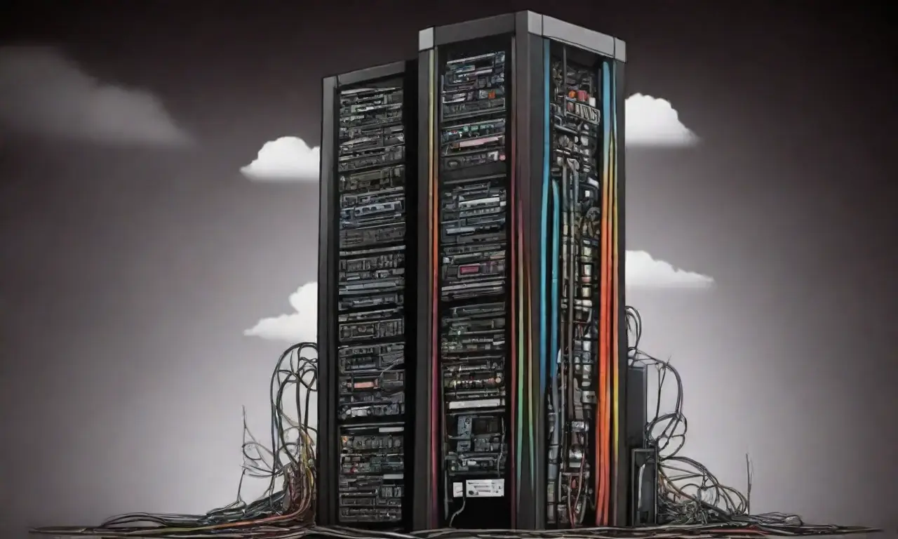 Una torre de servidores con líneas audaces y sombras suaves sugiere vulnerabilidades y caos en los servicios de hosting