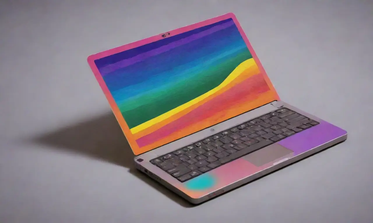 Un diseño minimalista y vibrante de un laptop destaca por sus líneas elegantes, colores vivos y detalles intrincados