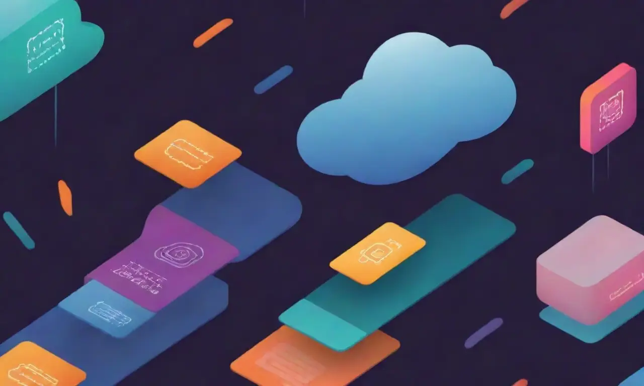 Un paisaje web de hosting vibrante con gradientes suaves, líneas audaces y detalles intrincados que representan diversas opciones de alojamiento