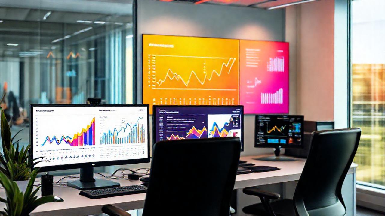 Oficina moderna optimista con datos visuales