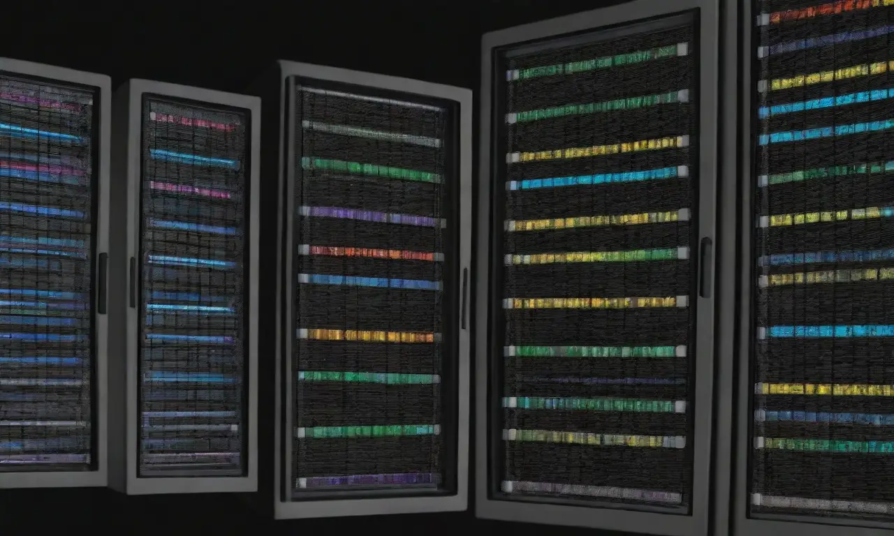 Un diseño profesional y dinámico de un rack de servidores con líneas audaces, texturas intrincadas y colores vibrantes