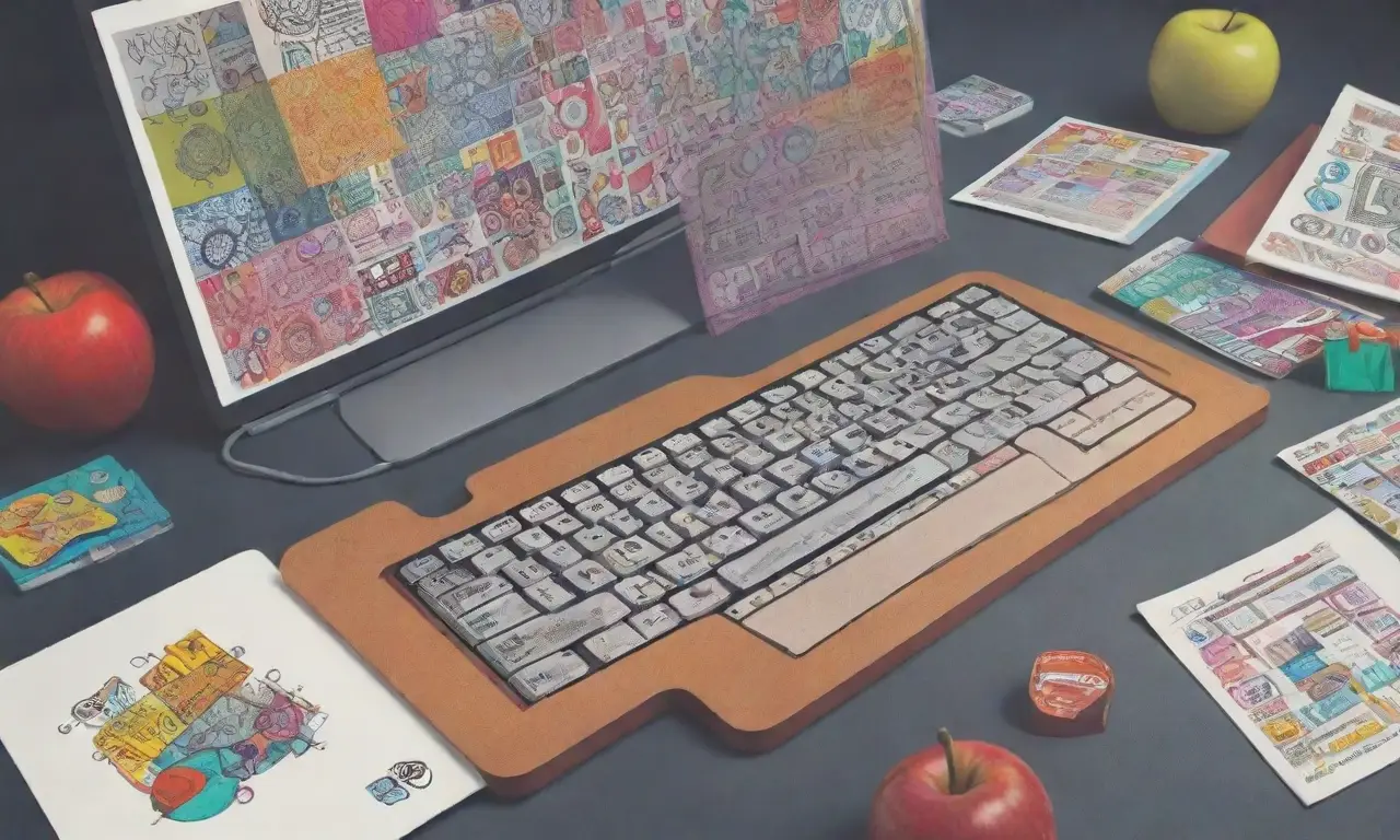 Un laptop central rodeado de iconos vibrantes y texturas sutiles en un fondo profesional