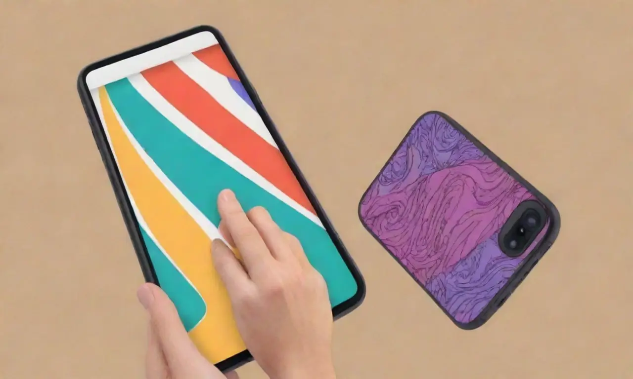 Un diseño de smartphone destaca por líneas audaces, colores vibrantes y detalles que sugieren funcionalidad y movimiento