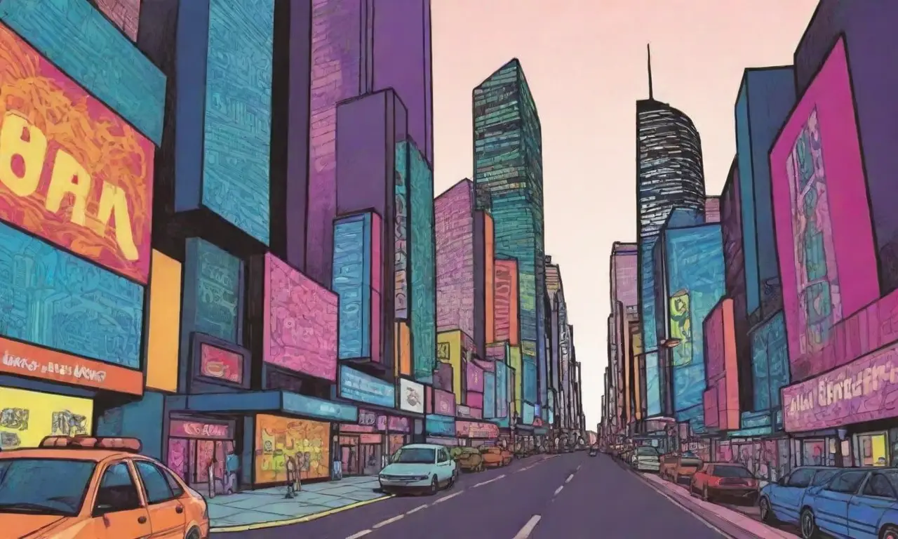Una ciudad futurista se presenta con líneas audaces, colores vibrantes y detalles intrincados que reflejan la sinergia entre la IA y la publicidad digital