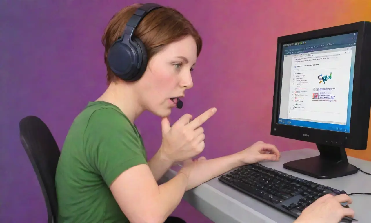 Una figura central con auriculares gesticula hacia una pantalla vibrante, rodeada de sombras suaves y un fondo digital complejo