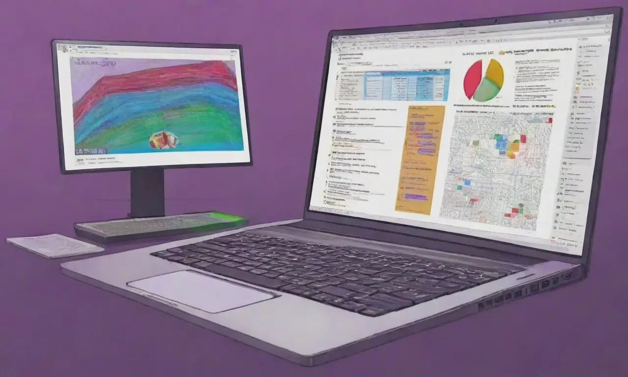 Un diseño visual dinámico y armonioso que destaca un laptop con detalles intrincados y colores vibrantes
